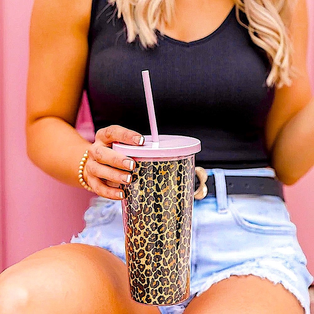 🆕🩷PINK LILY: PINK/BROWN SPARKLE INSULATED Animal Print Tumbler